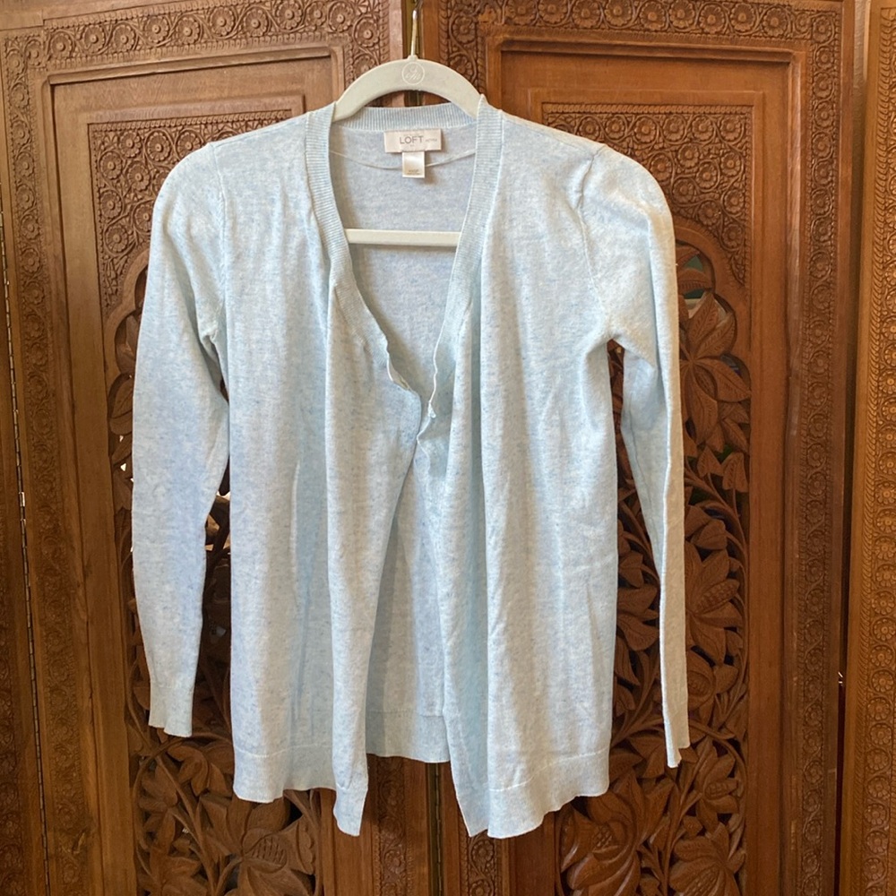 EUC - LOFT - Light Heathered blue-green Open Front Cardigan XXSP